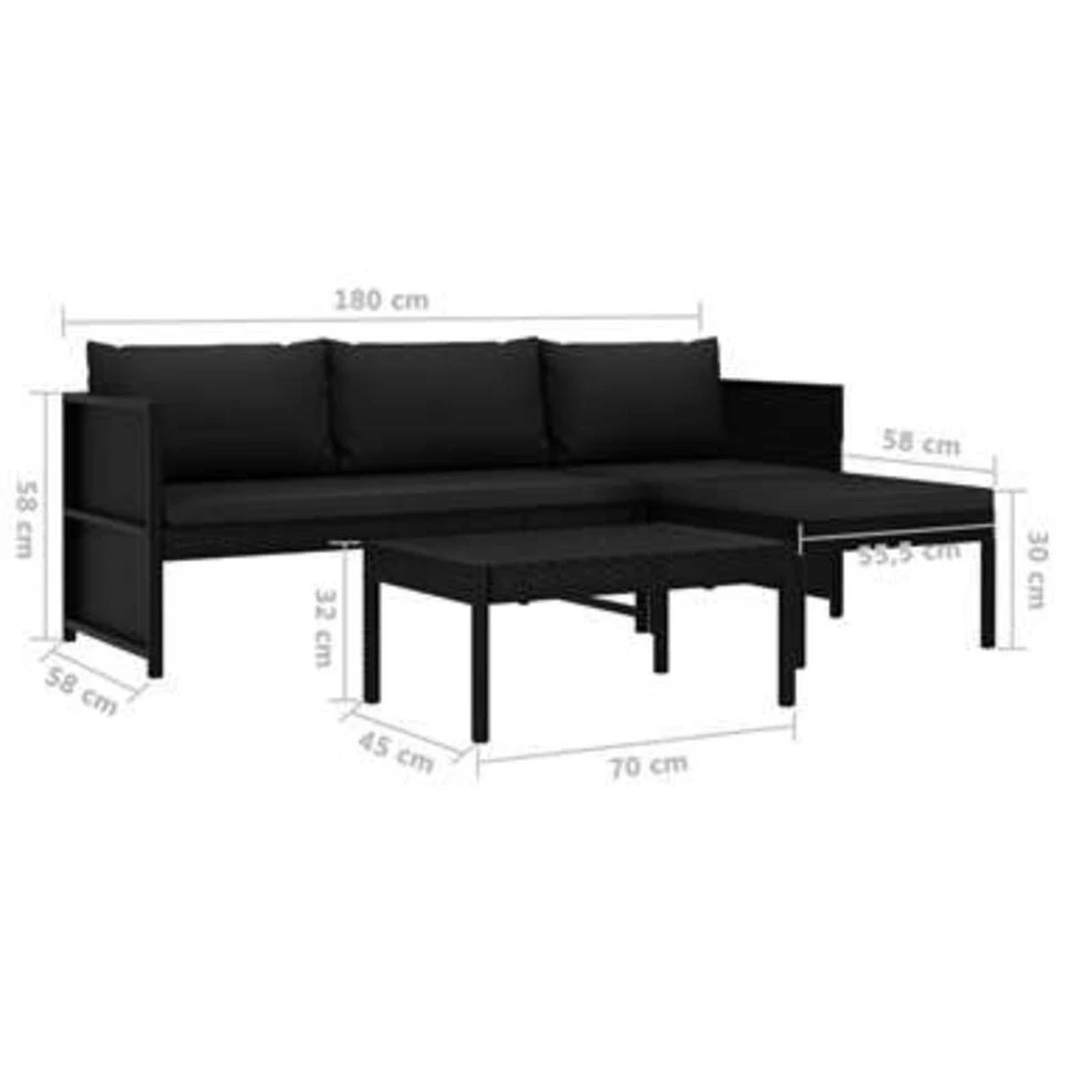 VidaXL 3-delige Loungeset Met Kussens Poly Rattan Zwart 4 VidaXL 3-delige Loungeset Met Kussens Poly Rattan Zwart - Afbeelding 2