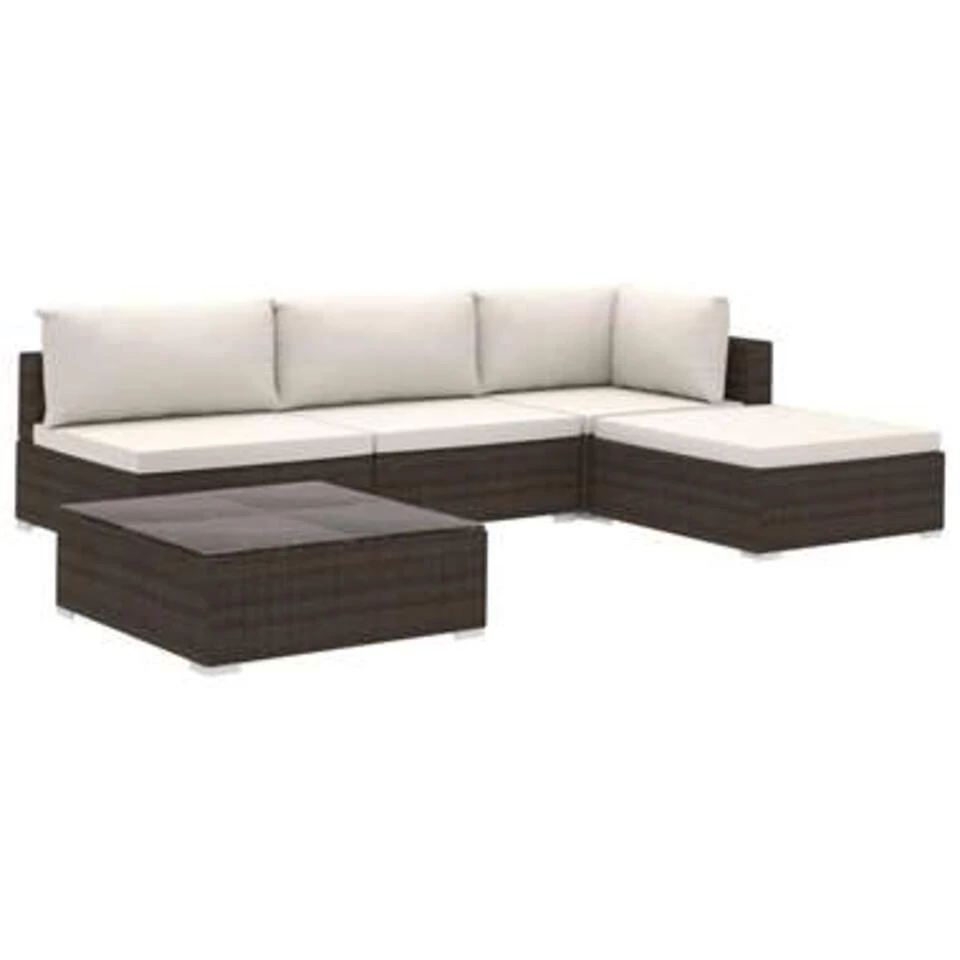VidaXL 5-delige Loungeset Met Kussens Poly Rattan Bruin 3 VidaXL 5-delige Loungeset Met Kussens Poly Rattan Bruin