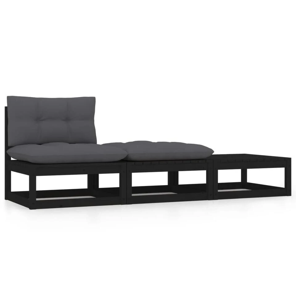 VidaXL 3-delige Loungeset Met Kussens Massief Grenenhout Zwart 3 VidaXL 3-delige Loungeset Met Kussens Massief Grenenhout Zwart