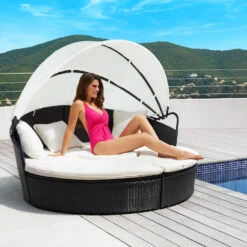 Tectake - Wicker Zonne-eiland Santorini - Diverse Kleuren - Zwart / Grijs -Tuin & Buiten 1000077890 0101